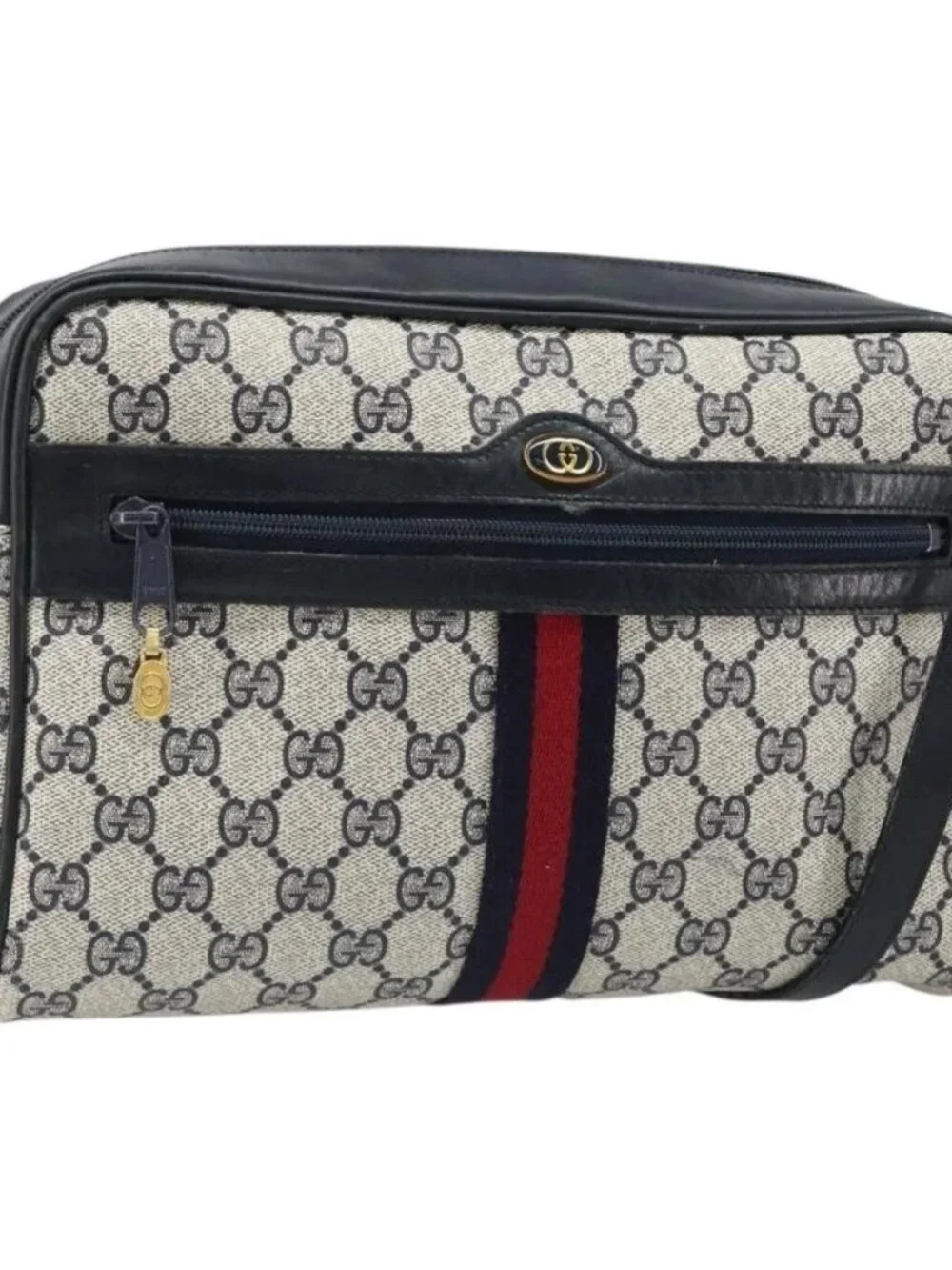 GUCCI GG Supreme Sherry Line Shoulder Bag PVC Navy Gold Auth 185719